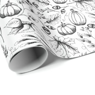 Hand-Drawn Winter Squash and Leaves Botanical Wrapping Paper