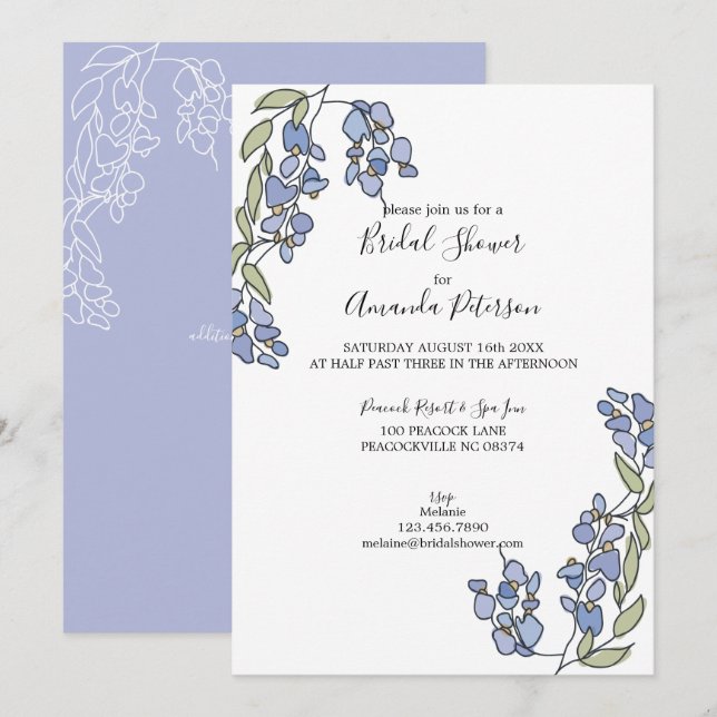 Hand Drawn Wisteria Floral Bridal Shower Invitation (Front/Back)