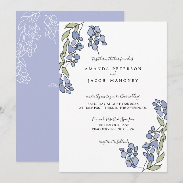Hand Drawn Wisteria Floral Wedding Invitations (Front/Back)