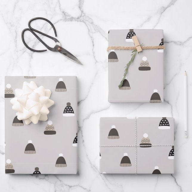 Hand Drawn Wool Hat Pattern Wrapping Paper Sheet (Front)