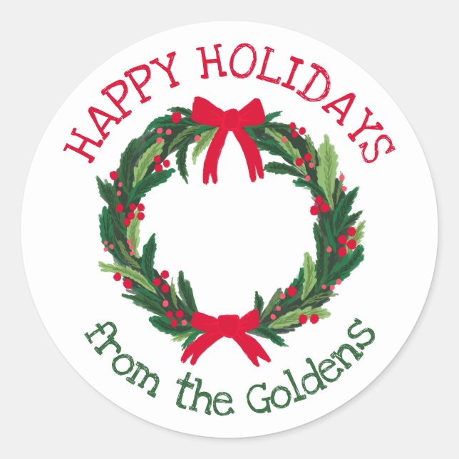 Hand Drawn Wreath CUSTOM Holiday Christmas  Classic Round Sticker (Front)