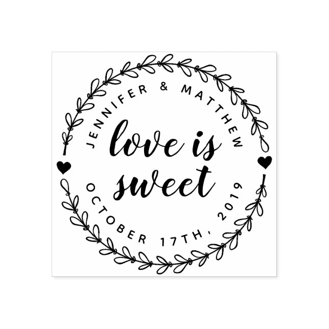 Hand Drawn Wreath & Elegant Script Wedding Date Rubber Stamp (Imprint)