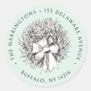 Hand-Drawn Wreath Green Christmas Return Address Classic Round Sticker