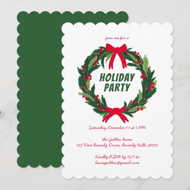 Hand Drawn Wreath Holiday Christmas Party CUSTOM  Invitation (Front/Back)
