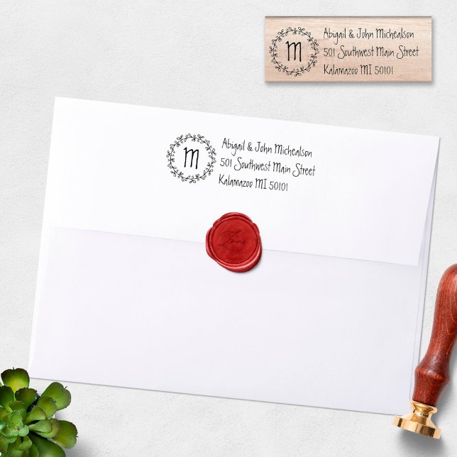 Hand-Drawn Wreath + Monogram Name Address Stamp (Creator Uploaded)