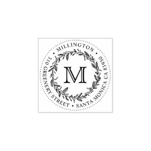 Hand-drawn Wreath Monogram Round Return Address Rubber Stamp