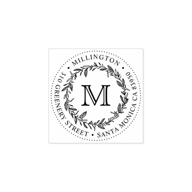 Hand-drawn Wreath Monogram Round Return Address Rubber Stamp (Imprint)