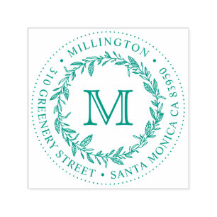 Hand-drawn Wreath Monogram Round Return Address Self-inking Stamp