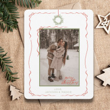 Hand Drawn Wreath Red Bow Photo Christmas Card