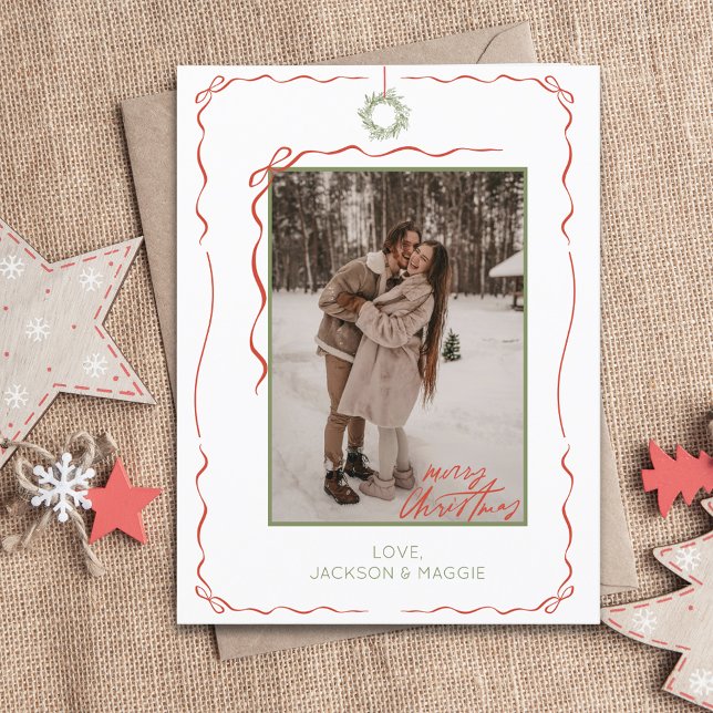 Hand Drawn Wreath Red Bow Photo Christmas Postcard (Hand Drawn Wreath Red Bow Photo Christmas Postcard)