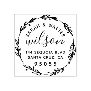 Hand Drawn Wreath Wedding Couple Return Address Rubber Stamp