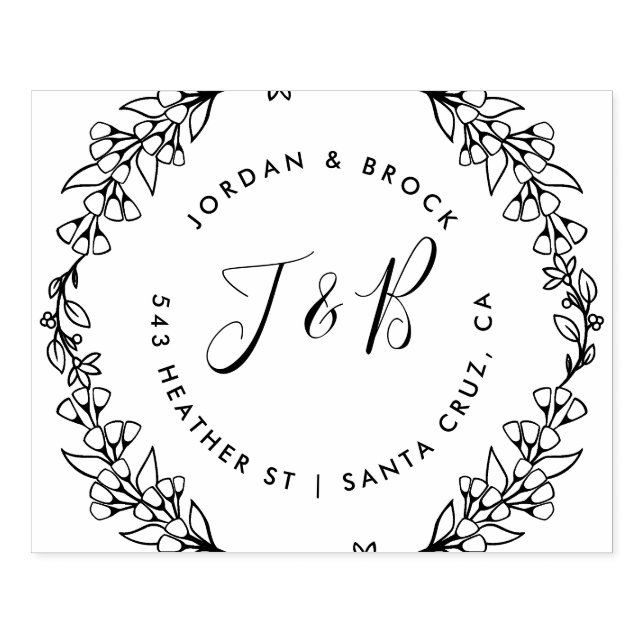 Hand Drawn Wreath Wedding Initials Return Address Rubber Stamp (Imprint)