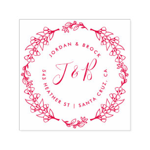 Hand Drawn Wreath Wedding Initials Return Address Self-inking Stamp