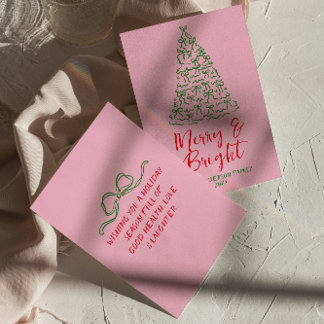 Hand Drawn Written Red Pink Bows Tree Christmas Holiday Card