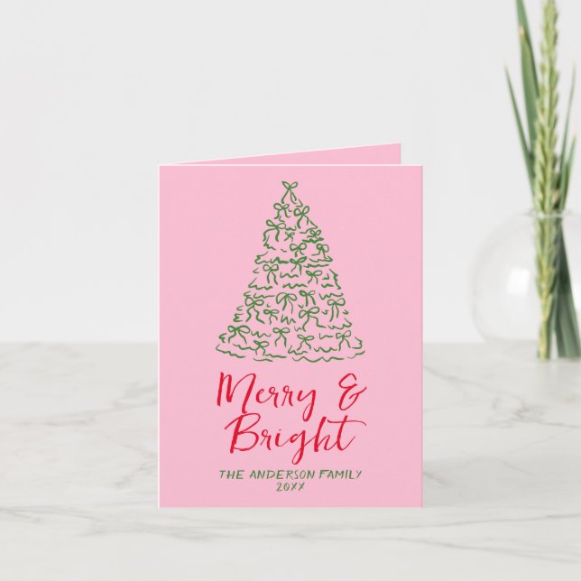 Hand Drawn Written Red Pink Bows Tree Christmas Holiday Card (Front)