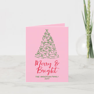Hand Drawn Written Red Pink Bows Tree Christmas Holiday Card