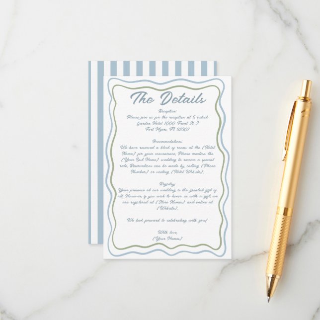 Hand Drawn Written Wavy Blue Green Frame Wedding  Enclosure Card (Front/Back In Situ)