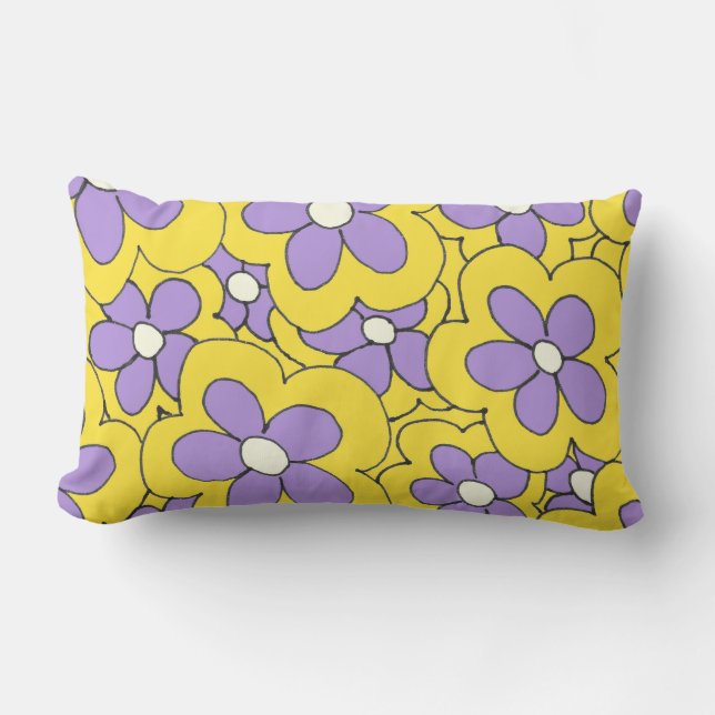 Hand Drawn Yellow and Purple Flower Design Lumbar Cushion (Front)
