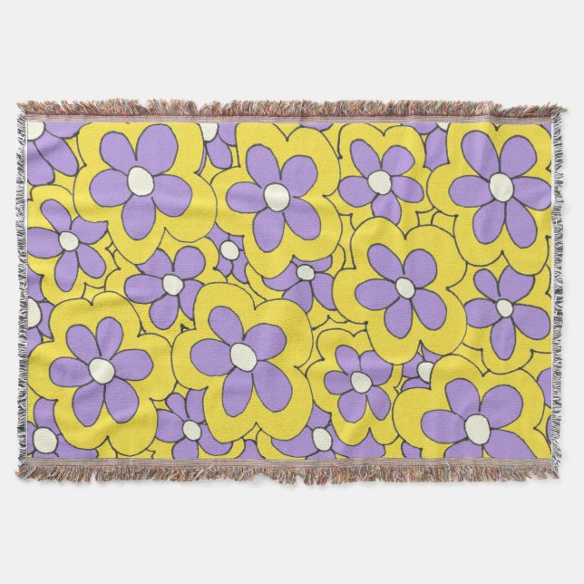 Hand Drawn Yellow and Purple Flower Design Throw Blanket (Front)