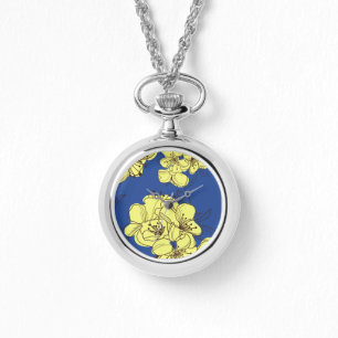 Hand Drawn Yellow Apple Blossoms on Blue Watch