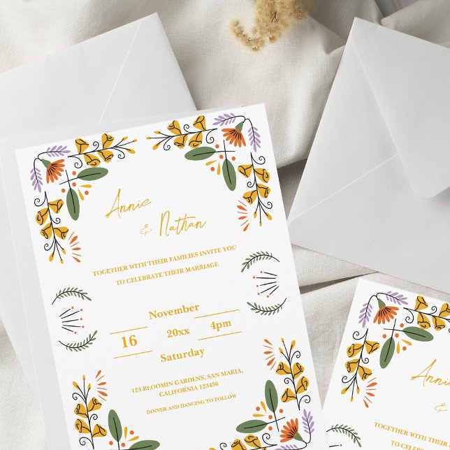 Hand Drawn yellow Floral Frame Wedding Invitation  (Hand Drawn yellow Floral Frame Wedding Invitation)