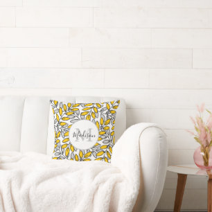Hand Drawn Yellow Grey Leaves Pattern  Cushion