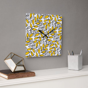 Hand Drawn Yellow Grey Leaves Pattern   Square Wall Clock