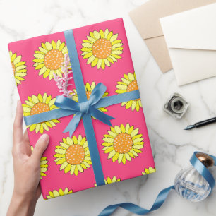 Hand Drawn Yellow Orange Pink Sunflower Pattern  Wrapping Paper