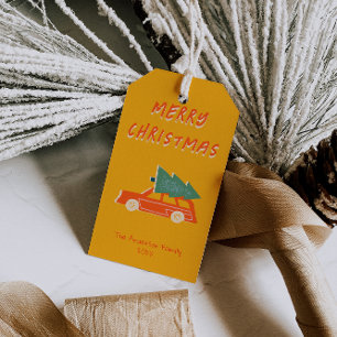 Hand Drawn Yellow Red Car Tree Christmas Funky Gift Tags