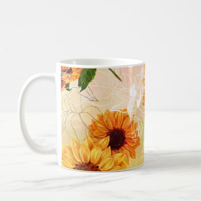 Hand-Drawn Yellow Sunflowers Watercolor Pattern Coffee Mug (Left)