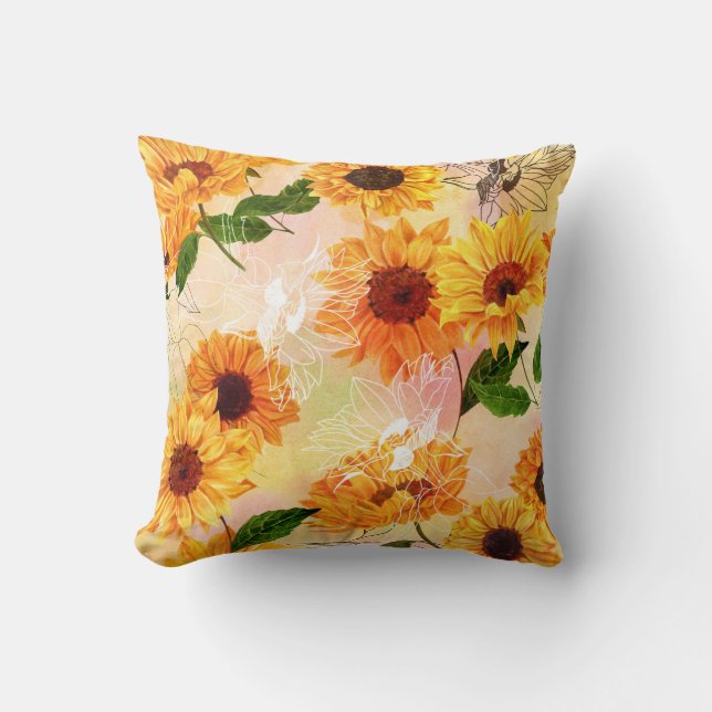 Hand-Drawn Yellow Sunflowers Watercolor Pattern Cushion (Front)