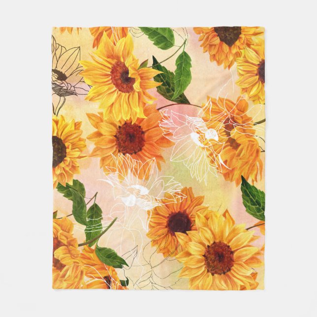 Hand-Drawn Yellow Sunflowers Watercolor Pattern Fleece Blanket (Front)