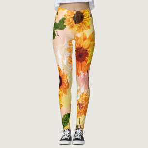 Hand-Drawn Yellow Sunflowers Watercolor Pattern Leggings