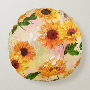 Hand-Drawn Yellow Sunflowers Watercolor Pattern Round Cushion