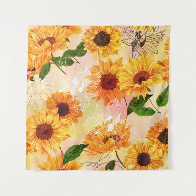 Hand-Drawn Yellow Sunflowers Watercolor Pattern Tapestry (Front)