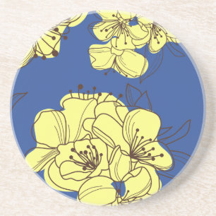 Hand Drawn Yellow Wild Flowers on Blue Coaster