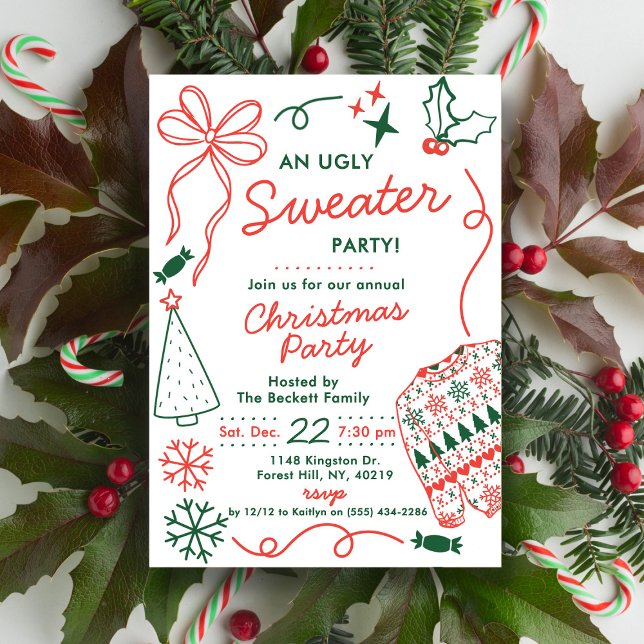 Hand Drwan Christmas Doodles Ugly Sweater Party Invitation (Creator Uploaded)