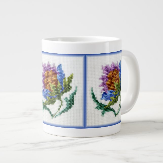 Hand embroidered bright flower large coffee mug (Front Right)