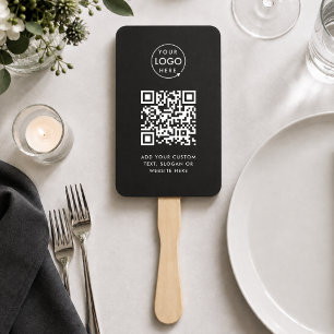 Hand Fan Custom QR Code Logo Black Event Paddle