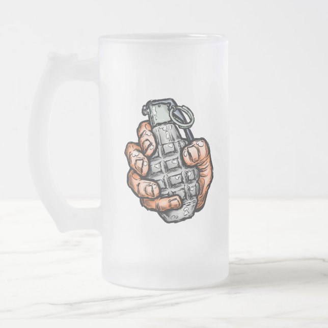 Hand Grenade In Comics Style Frosted Glass Beer Mug (Left)