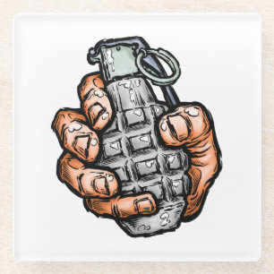 Hand Grenade In Comics Style Glass Coaster