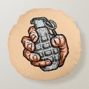 Hand Grenade In Comics Style Round Cushion