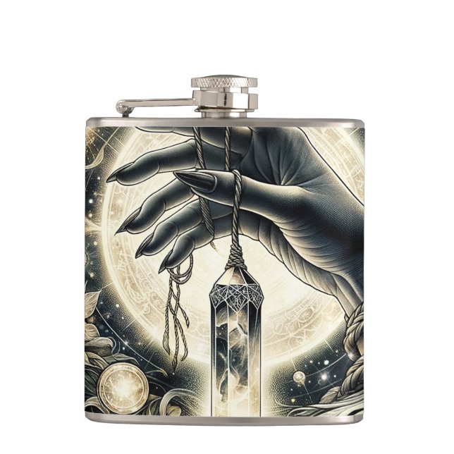 Hand Holding a Crystal under the Moonlight Hip Flask (Front)