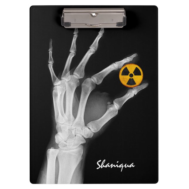 Hand Holding a Radiation Symbol  Clipboard (Front)