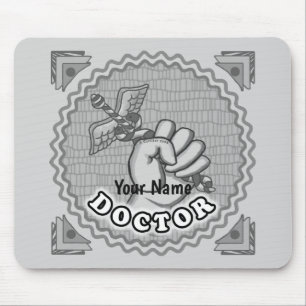 Hand holding caduceus doctor mouse mat