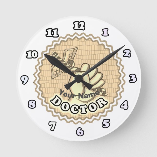 Hand holding caduceus doctor  round clock (Front)