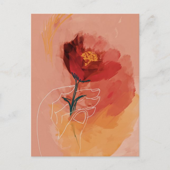 Hand holding flower watercolor and line sketch postcard (Front)