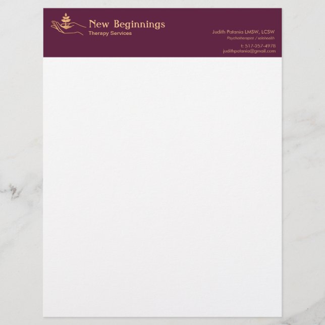 Hand Holding Leaf Plant  Wellness  Counsellor Custom Letterhead (Front)