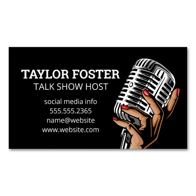 Hand Holding Microphone | Singer | Radio Host Magnetic Business Card (Front)