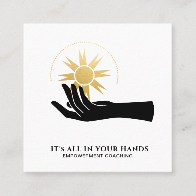 *~* Hand Holding Sun Black Gold Cosmic Energy  Square Business Card (Front)